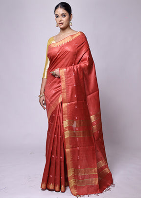 Red Tussar Silk Saree With Blouse Piece