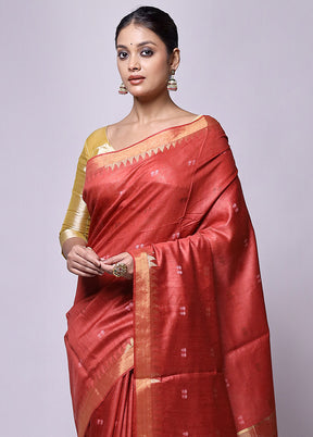 Red Tussar Silk Saree With Blouse Piece