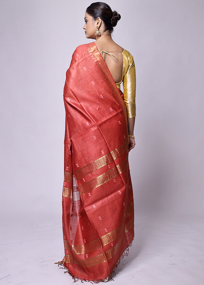 Red Tussar Silk Saree With Blouse Piece