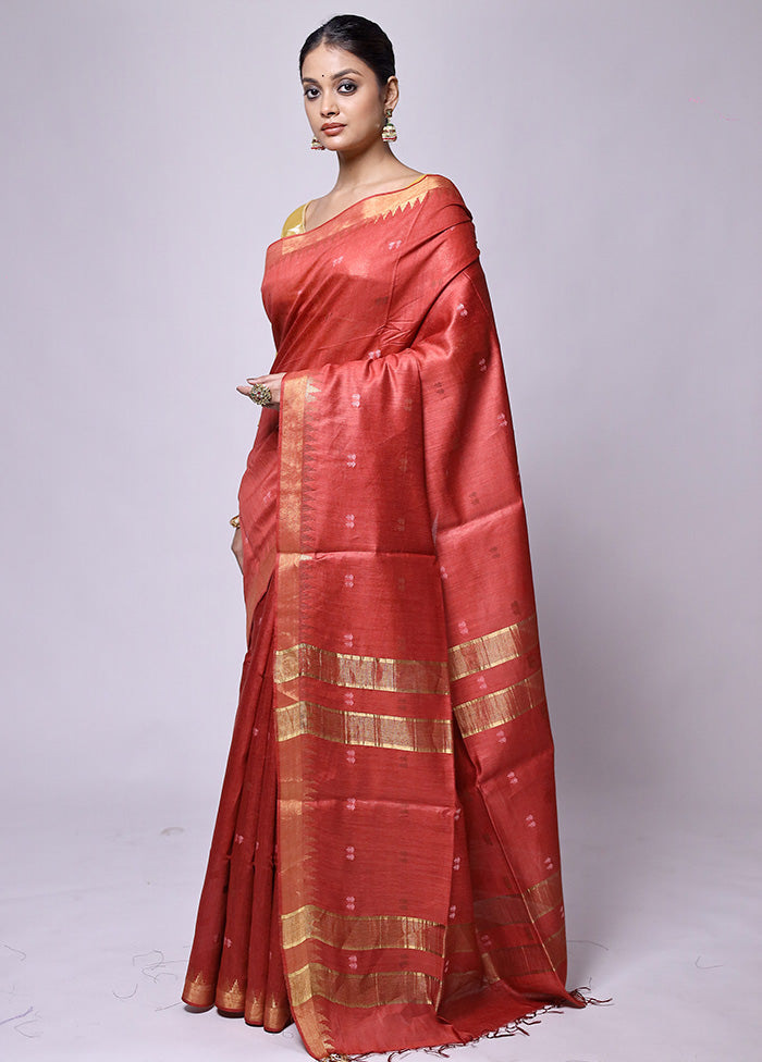 Red Tussar Silk Saree With Blouse Piece