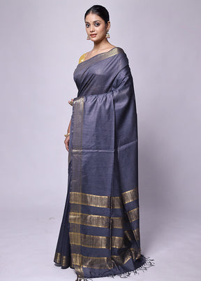 Grey Tussar Silk Saree With Blouse Piece