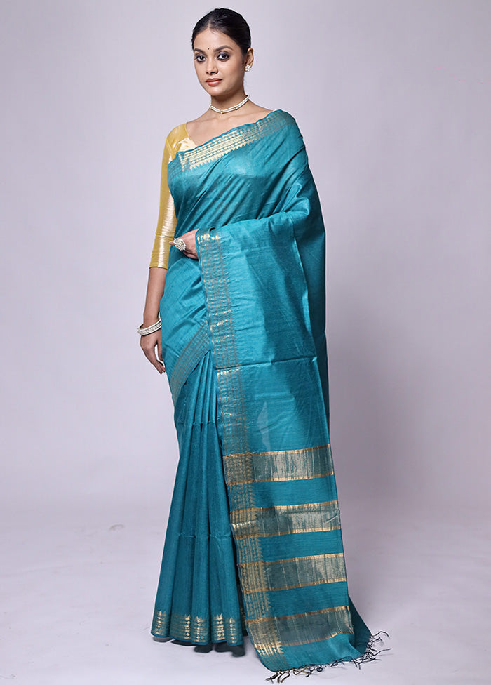 Blue Tussar Silk Saree With Blouse Piece