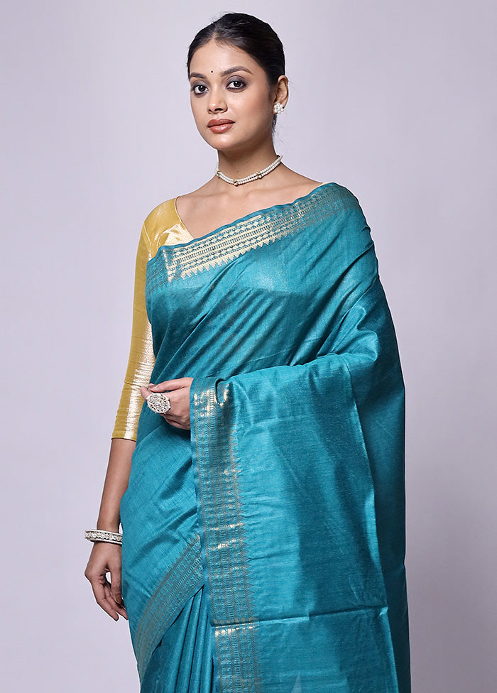 Blue Tussar Silk Saree With Blouse Piece