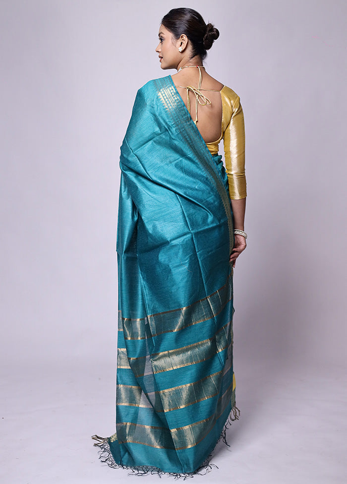 Blue Tussar Silk Saree With Blouse Piece