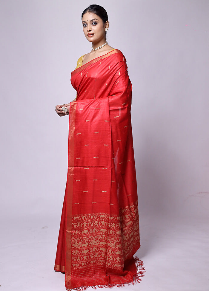 Red Handloom Tussar Pure Silk Saree With Blouse Piece