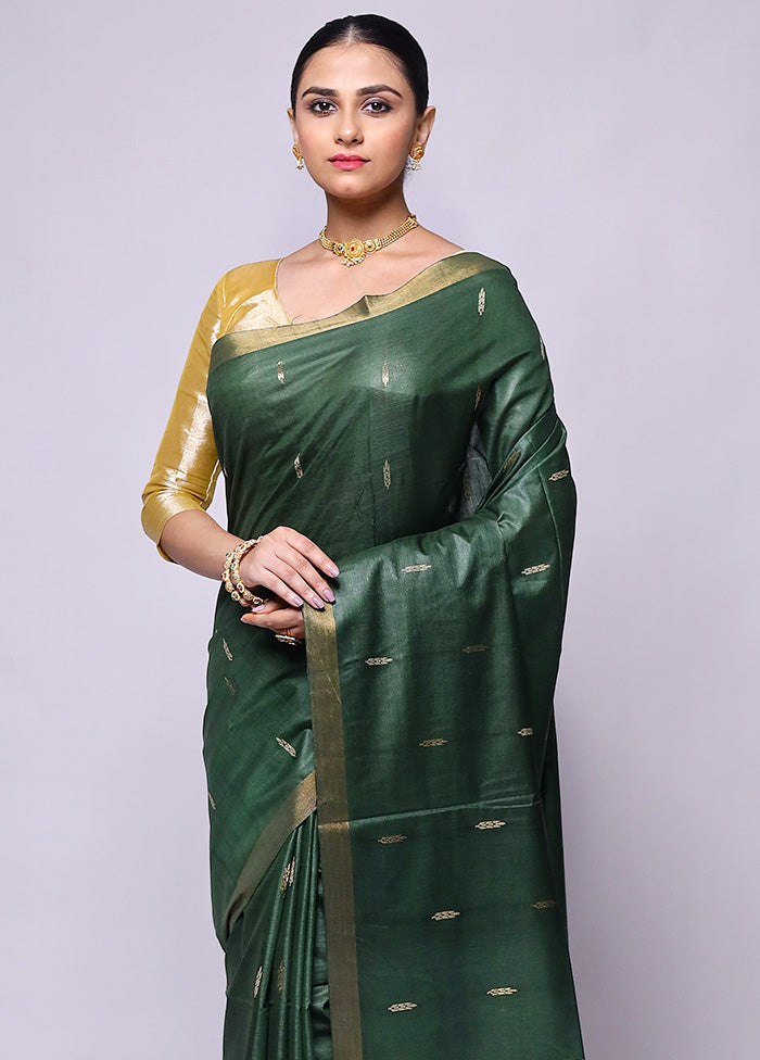 Green Handloom Tussar Pure Silk Saree With Blouse Piece