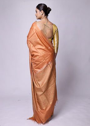 Orange Handloom Tussar Pure Silk Saree With Blouse Piece