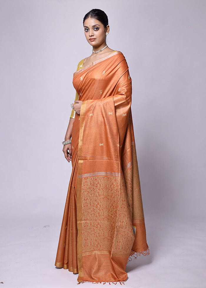 Orange Handloom Tussar Pure Silk Saree With Blouse Piece