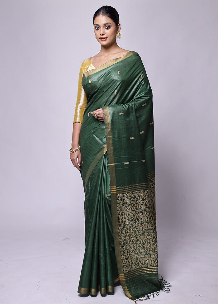 Green Handloom Tussar Pure Silk Saree With Blouse Piece