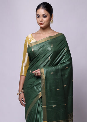 Green Handloom Tussar Pure Silk Saree With Blouse Piece