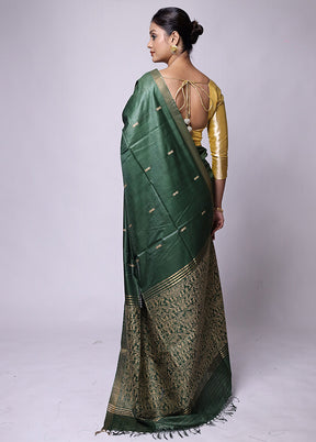 Green Handloom Tussar Pure Silk Saree With Blouse Piece