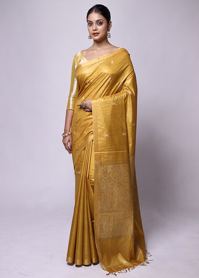 Yellow Handloom Tussar Pure Silk Saree With Blouse Piece