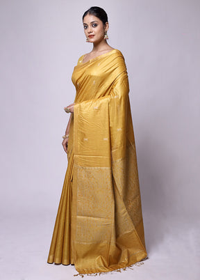 Yellow Handloom Tussar Pure Silk Saree With Blouse Piece