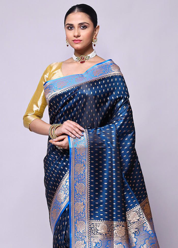 Blue Banarasi Silk Saree With Blouse Piece