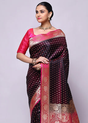 Wine Banarasi Silk Saree With Blouse Piece