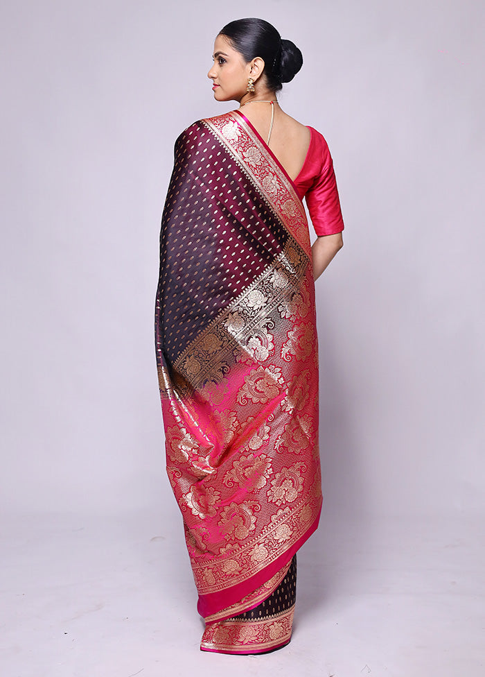 Wine Banarasi Silk Saree With Blouse Piece