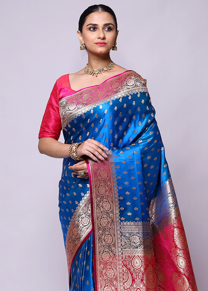 Blue Banarasi Silk Saree With Blouse Piece