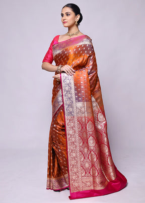 Rust Banarasi Silk Saree With Blouse Piece