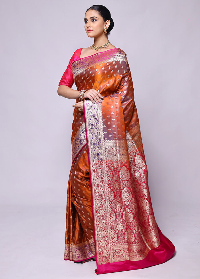 Rust Banarasi Silk Saree With Blouse Piece