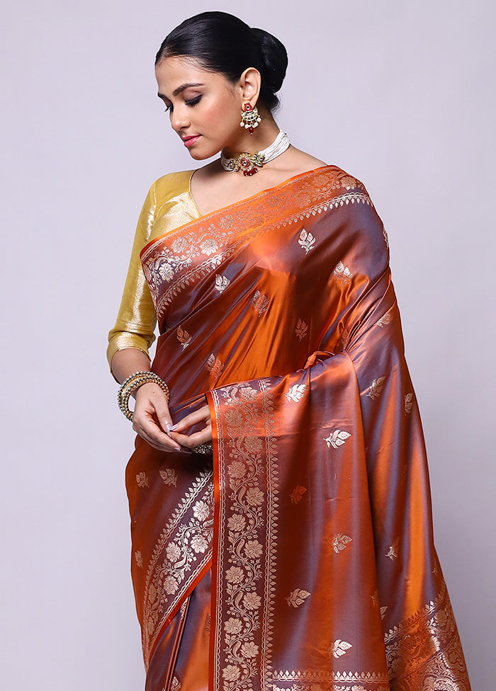 Rust Banarasi Silk Saree With Blouse Piece