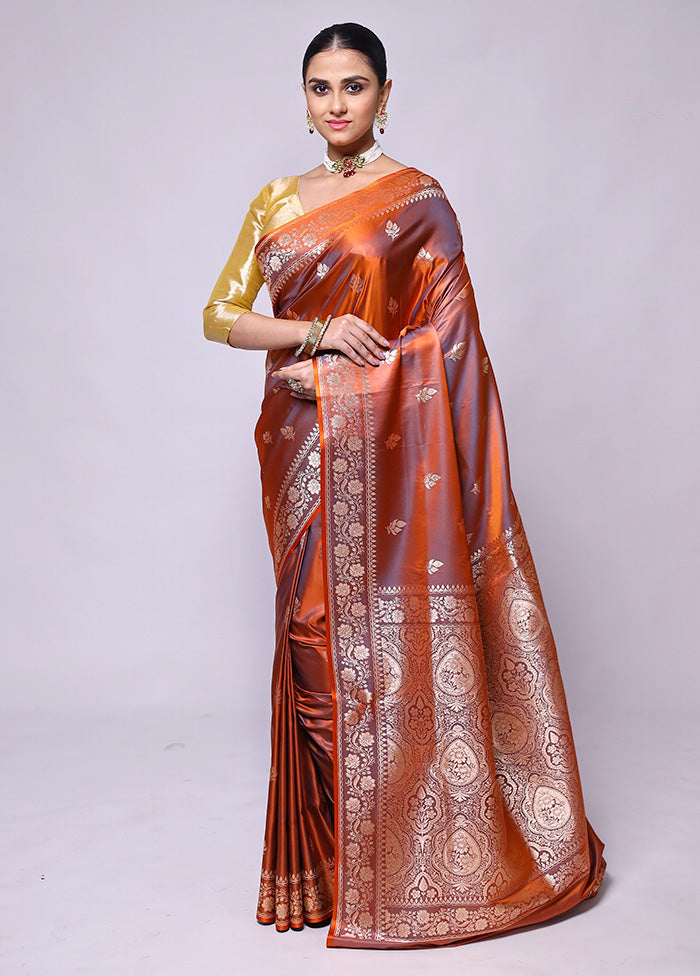 Rust Banarasi Silk Saree With Blouse Piece