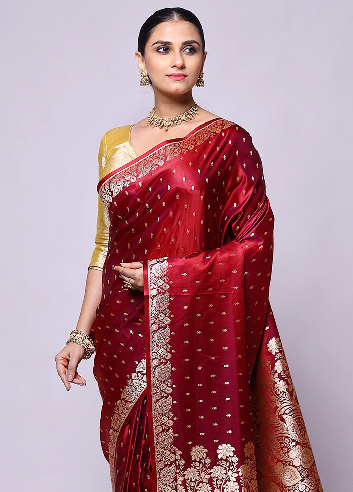 Maroon Banarasi Silk Saree With Blouse Piece