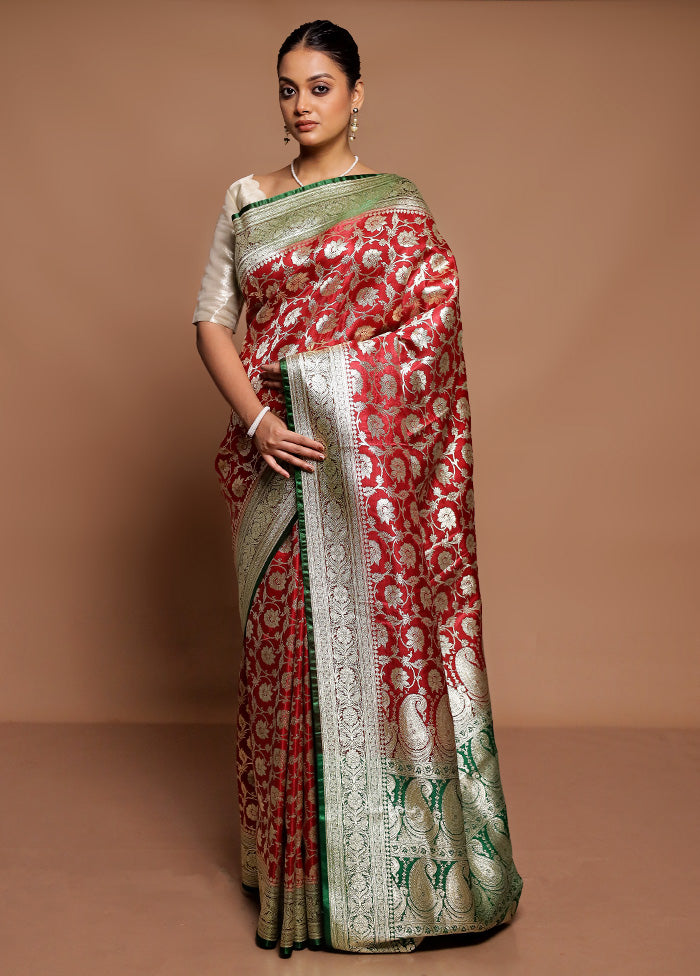 Red Banarasi Silk Saree With Blouse Piece