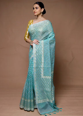 Blue Kora Silk Saree With Blouse Piece