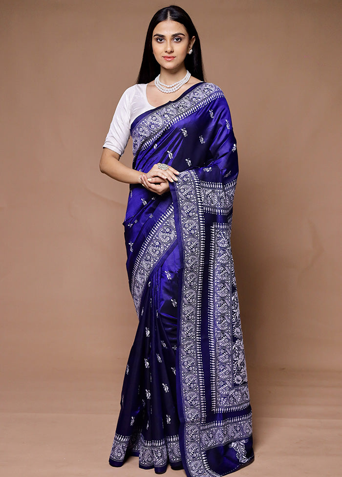 Blue Handloom Kantha Stitch Pure Silk Saree With Blouse Piece