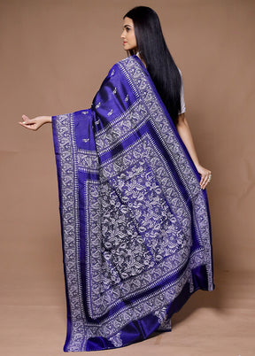 Blue Handloom Kantha Stitch Pure Silk Saree With Blouse Piece