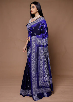 Blue Handloom Kantha Stitch Pure Silk Saree With Blouse Piece