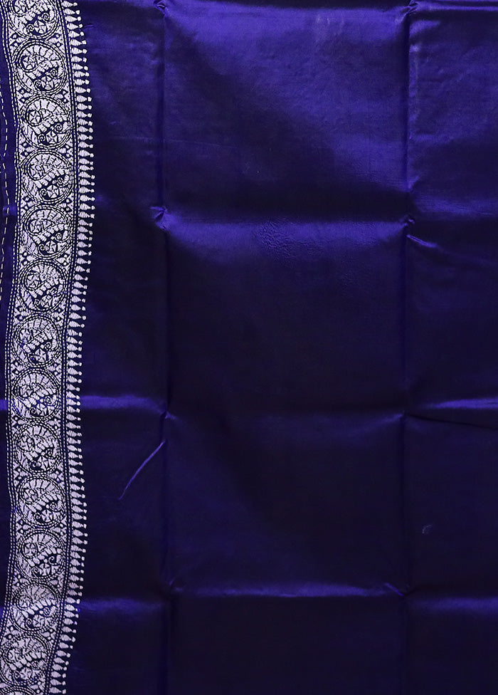 Blue Handloom Kantha Stitch Pure Silk Saree With Blouse Piece