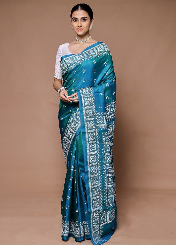 Blue Handloom Kantha Stitch Pure Silk Saree With Blouse Piece