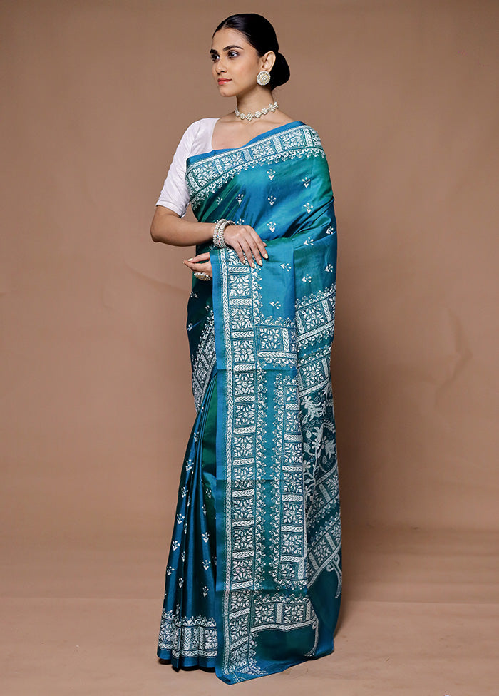 Blue Handloom Kantha Stitch Pure Silk Saree With Blouse Piece