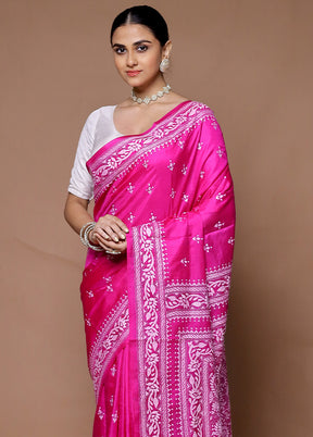 Pink Handloom Kantha Stitch Pure Silk Saree With Blouse Piece