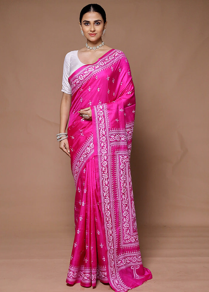 Pink Handloom Kantha Stitch Pure Silk Saree With Blouse Piece