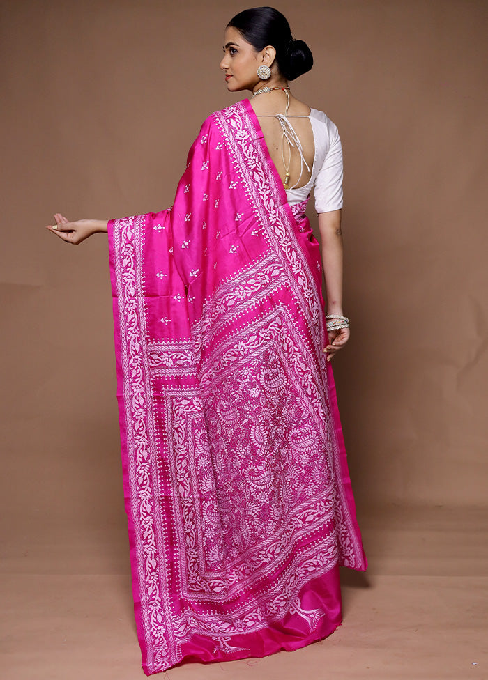 Pink Handloom Kantha Stitch Pure Silk Saree With Blouse Piece