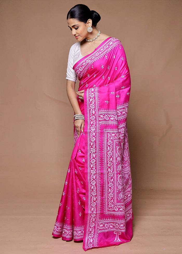 Pink Handloom Kantha Stitch Pure Silk Saree With Blouse Piece