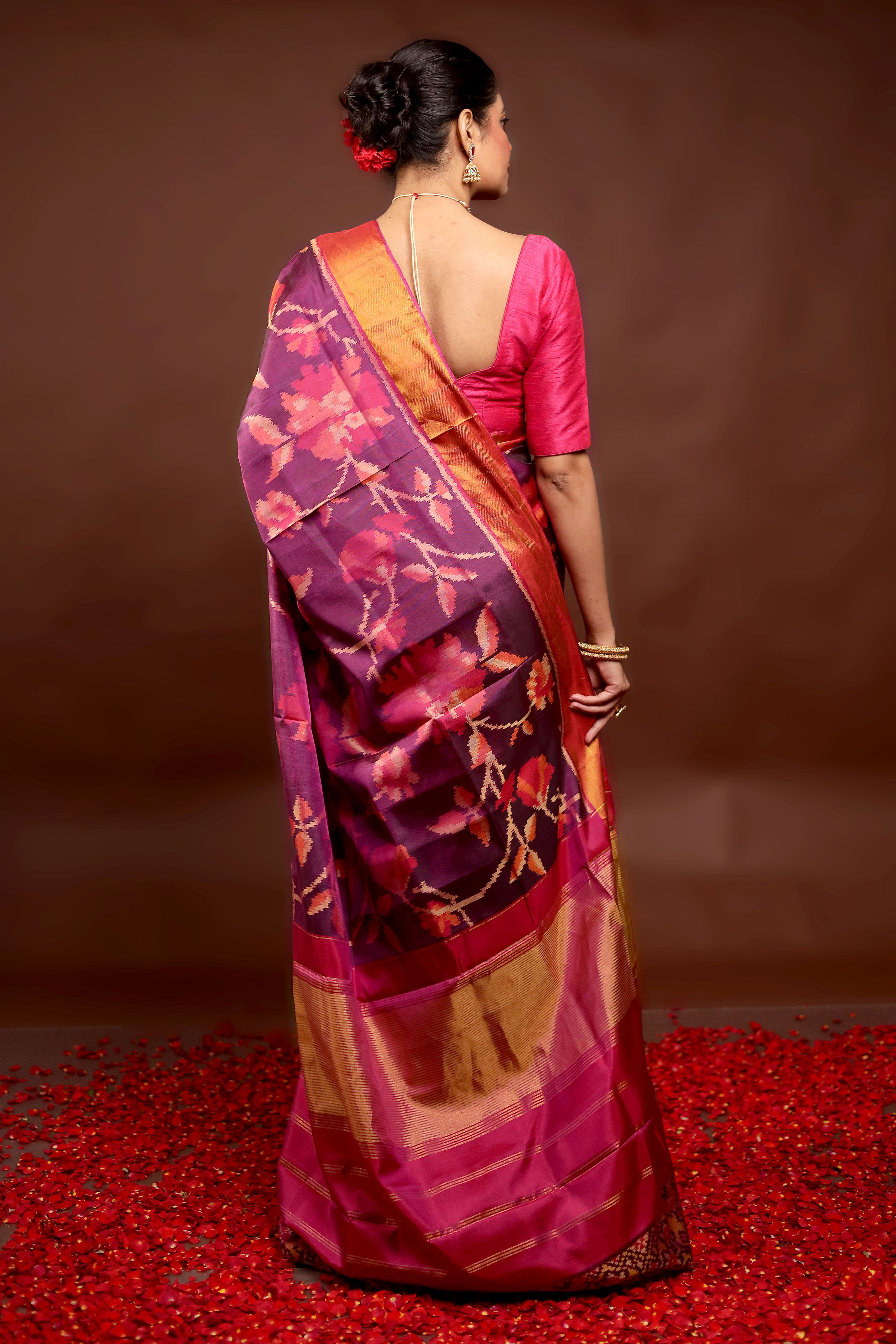 Pink Handloom Patola Pure Silk Saree With Blouse Piece