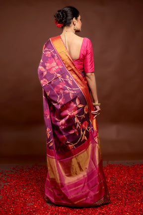 Pink Handloom Patola Pure Silk Saree With Blouse Piece