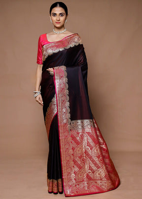 Wine Banarasi Silk Saree With Blouse Piece