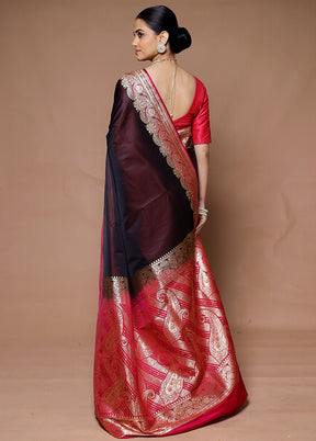 Wine Banarasi Silk Saree With Blouse Piece