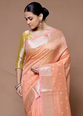 Peach Kora Silk Saree With Blouse Piece