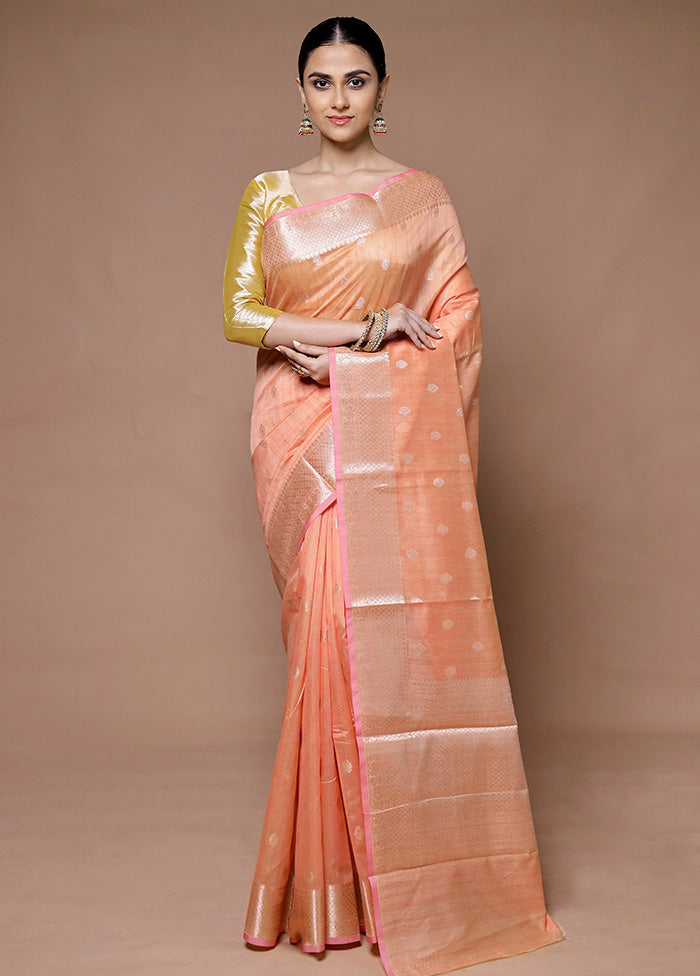 Peach Kora Silk Saree With Blouse Piece