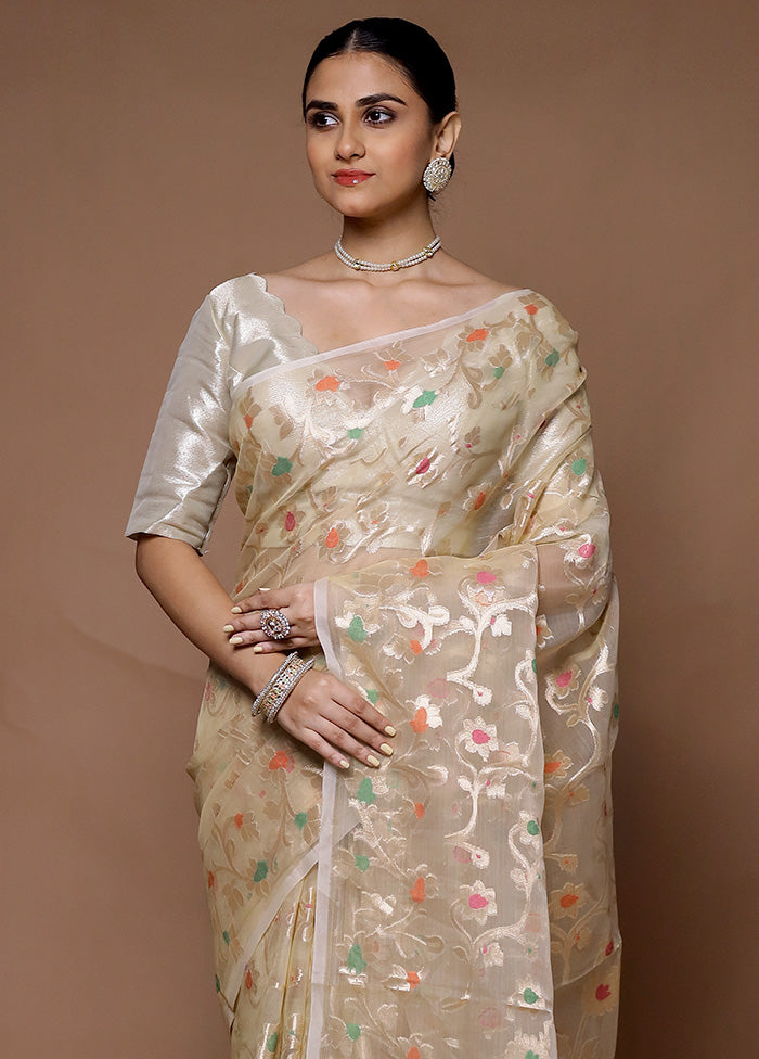 Cream Organza Saree With Blouse Piece