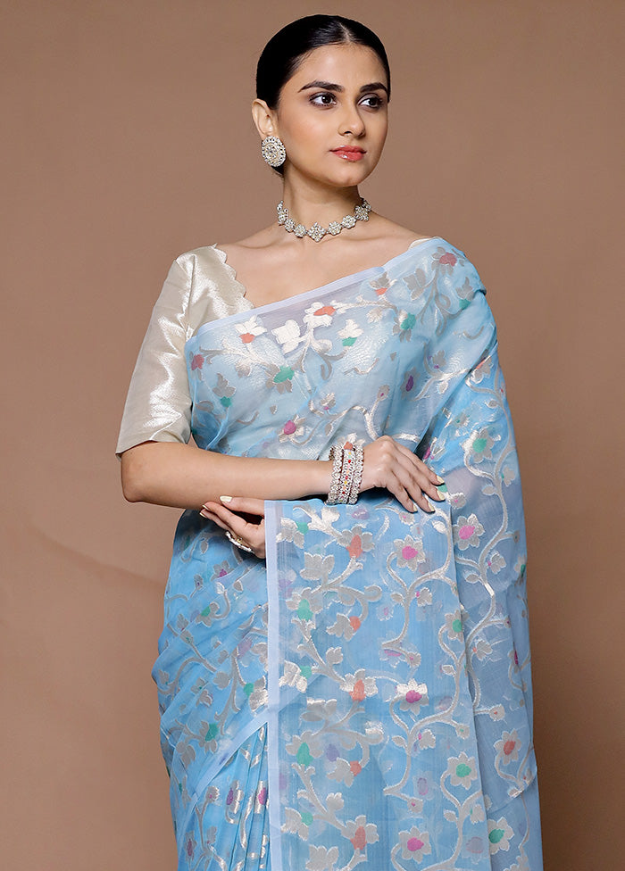 Blue Organza Saree With Blouse Piece