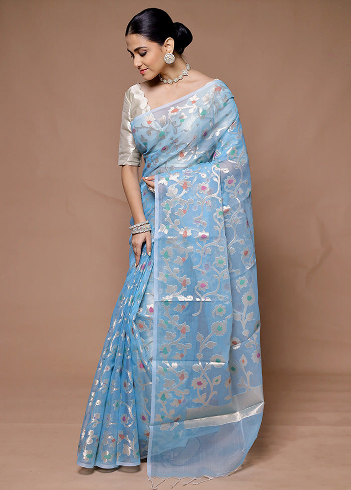 Blue Organza Saree With Blouse Piece