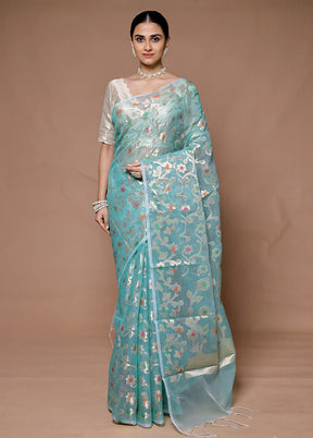 Blue Organza Saree With Blouse Piece