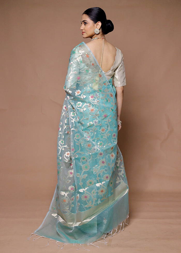 Blue Organza Saree With Blouse Piece