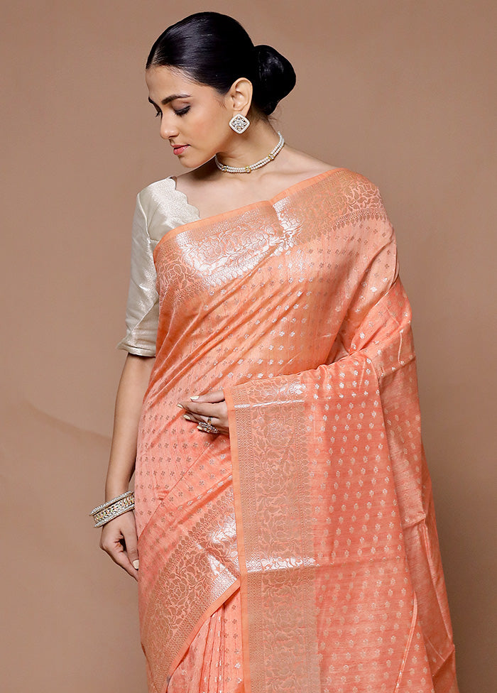 Peach Kora Silk Saree With Blouse Piece